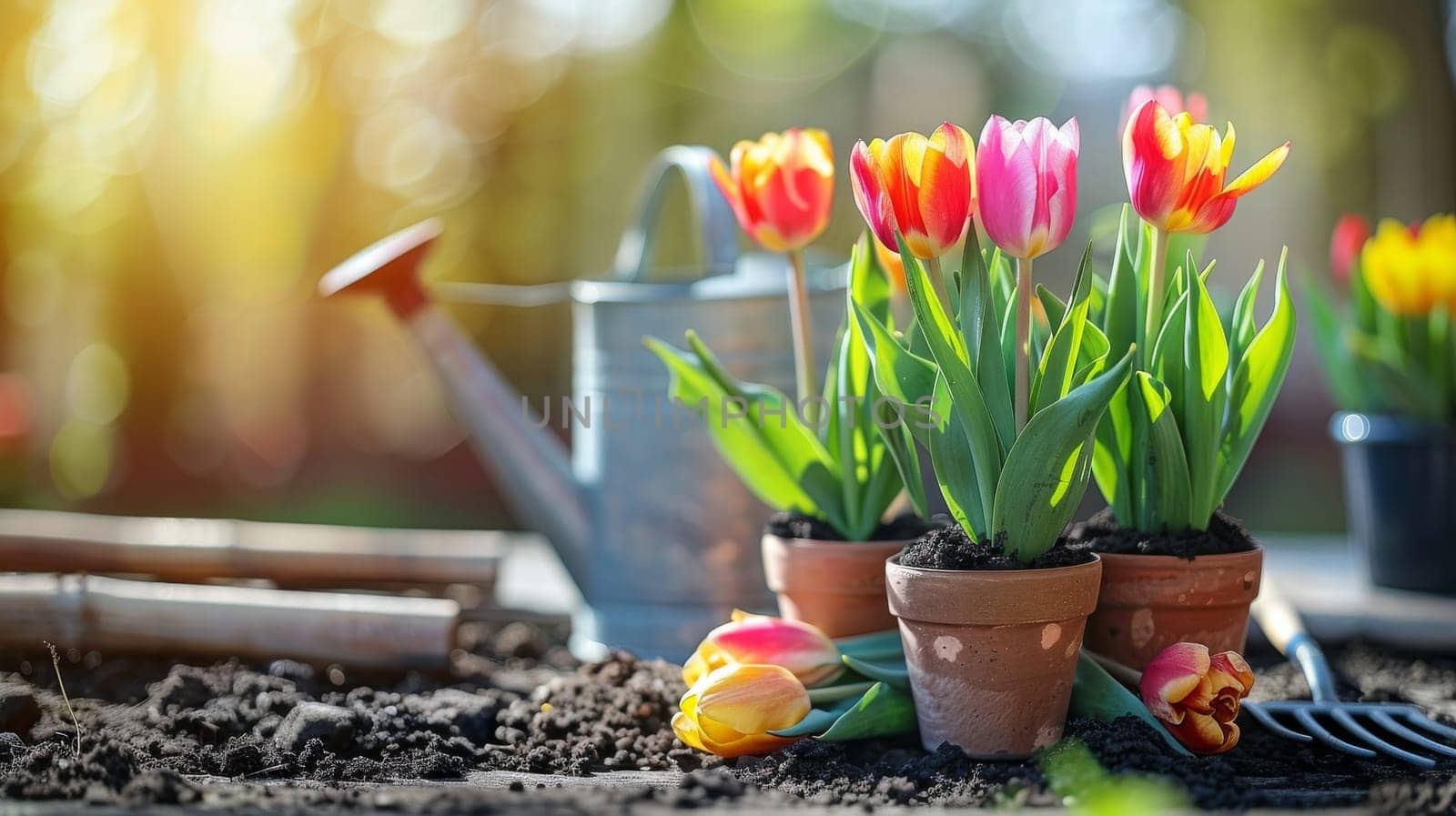 flowerpots of tulips, spring flower season.