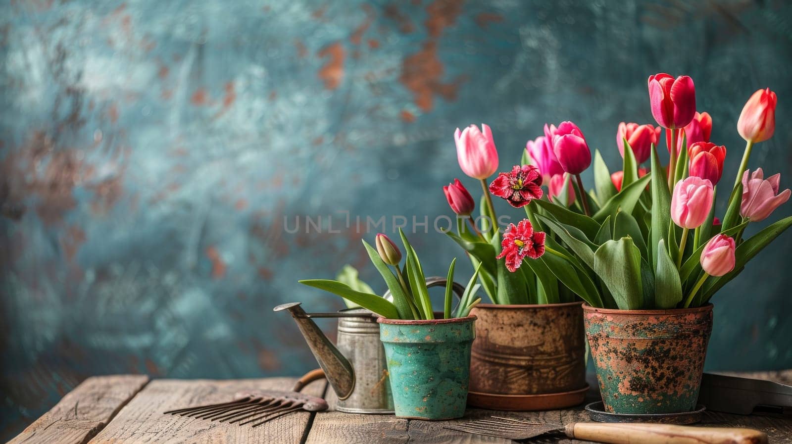 flowerpots of tulips, spring flower season.