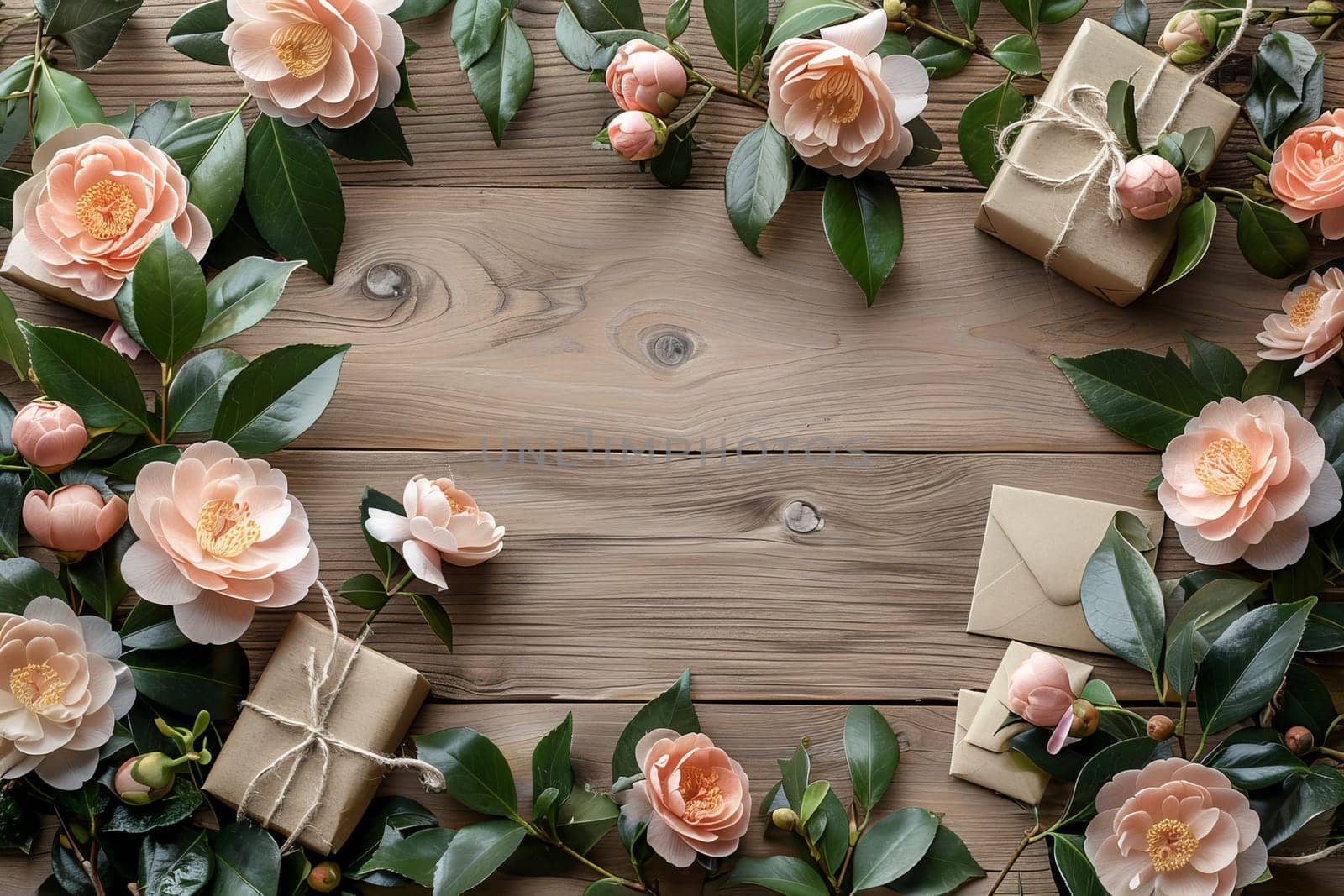 A wooden table with a bunch of brown boxes and flowers on it. The boxes are wrapped in brown paper and tied with string. The flowers are white and arranged in a way that they complement the boxes