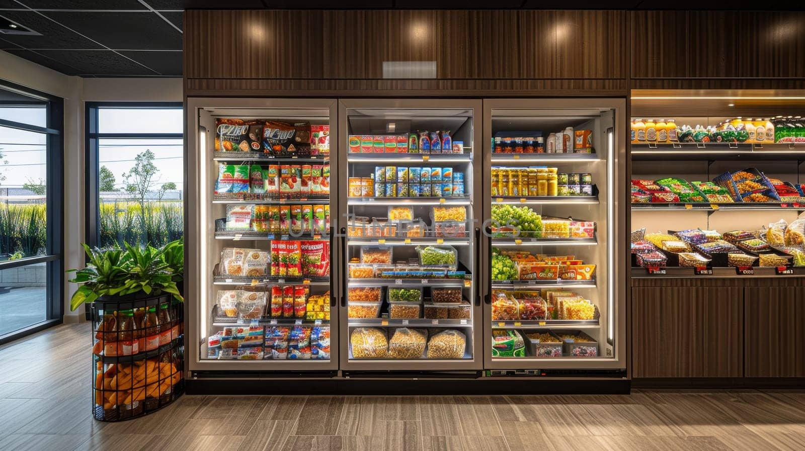 A store with a lot of food and drinks in the freezer section. The store is well lit and has a clean and organized appearance