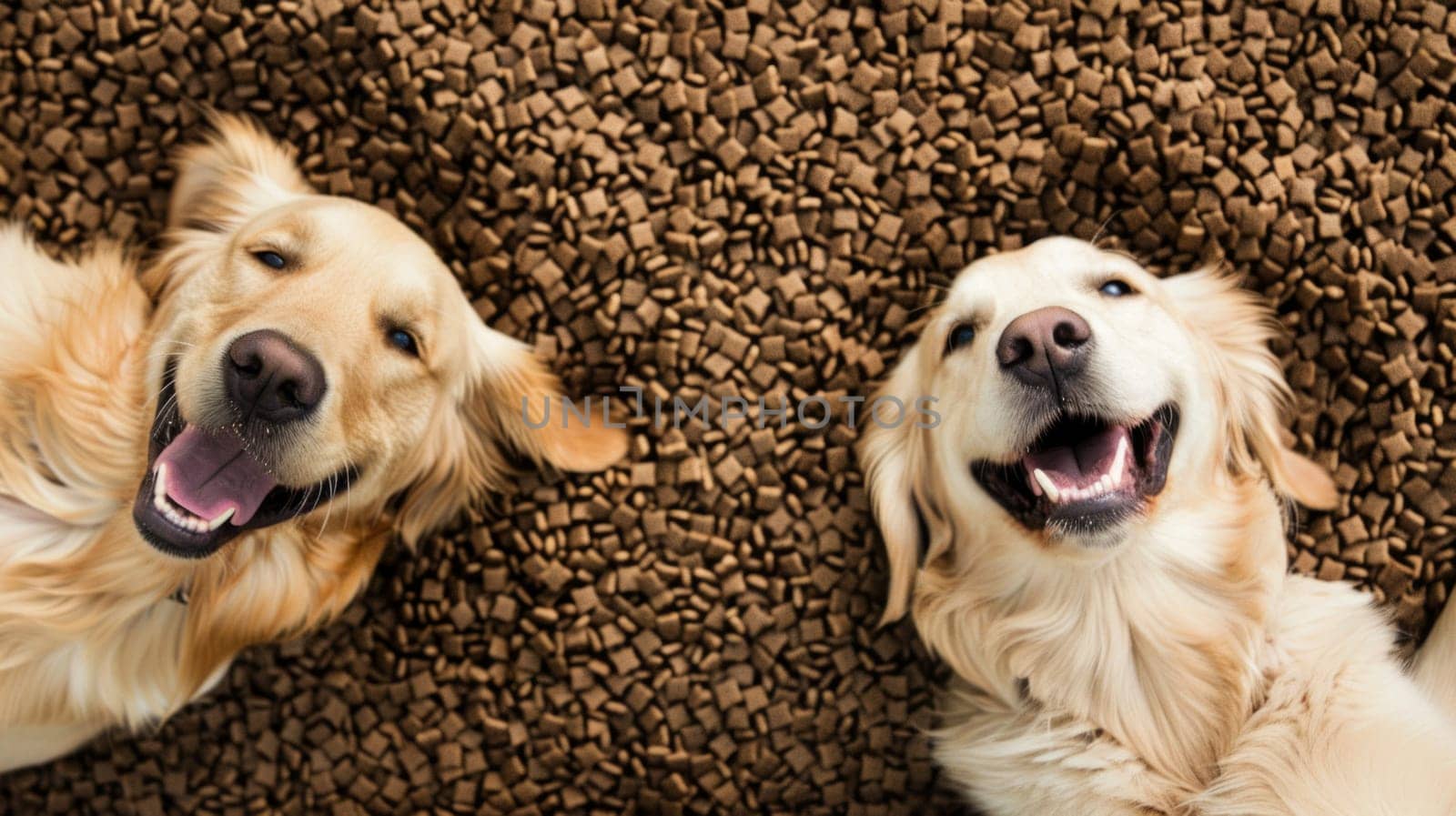 Funny top view of two happy golden retriever dogs happy and looking at camera lying over a pile of dog dry food by papatonic
