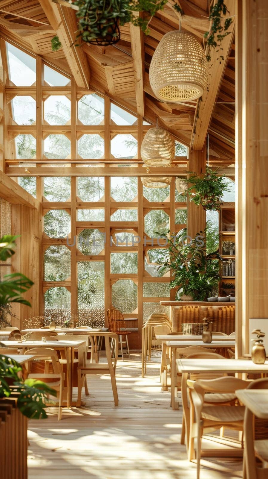 A restaurant with wooden floors and a lot of plants. The atmosphere is warm and inviting. The tables are arranged in a way that encourages conversation and socializing
