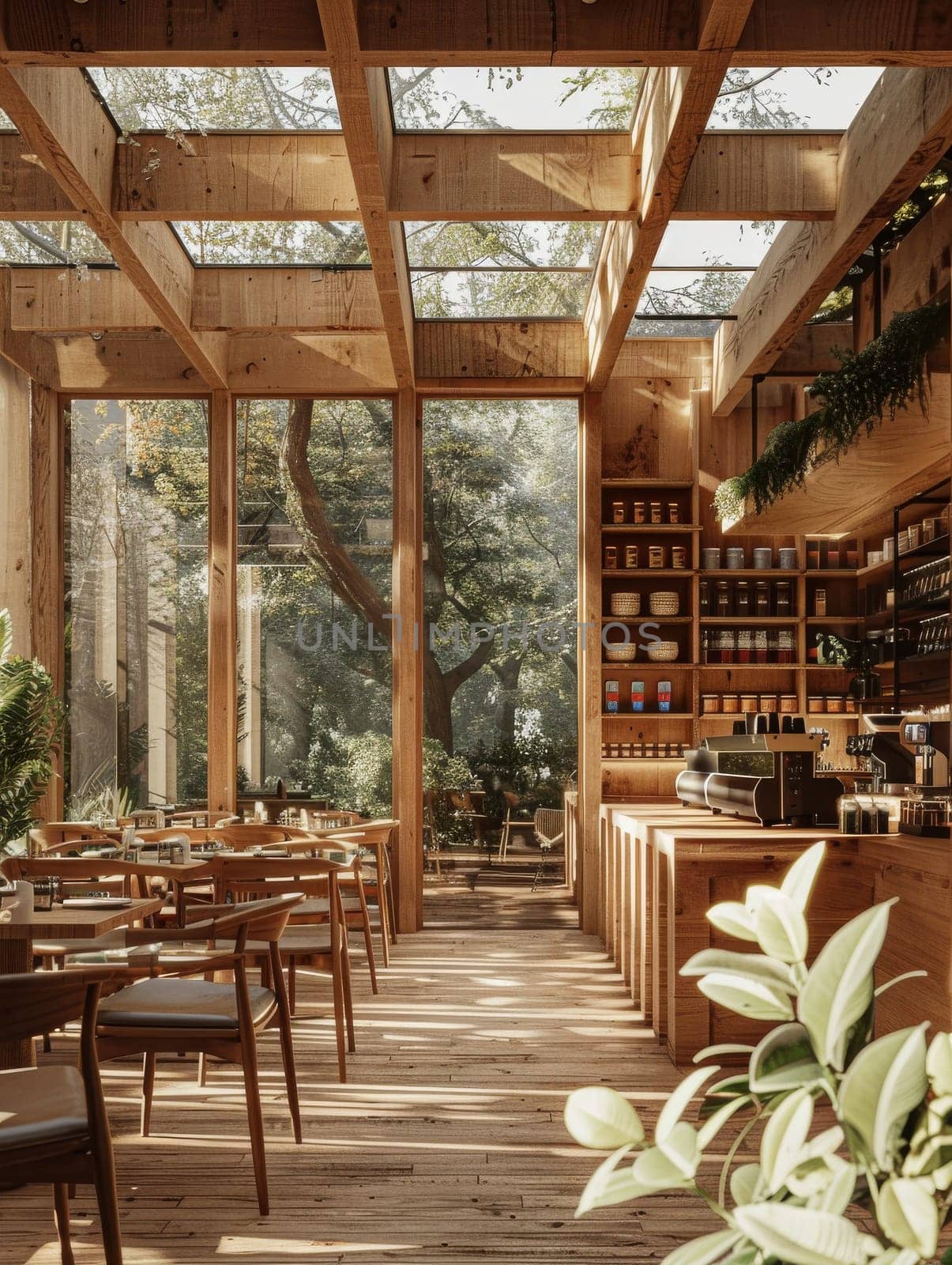 A restaurant with wooden floors and a lot of plants. The atmosphere is warm and inviting. The tables are arranged in a way that encourages conversation and socializing