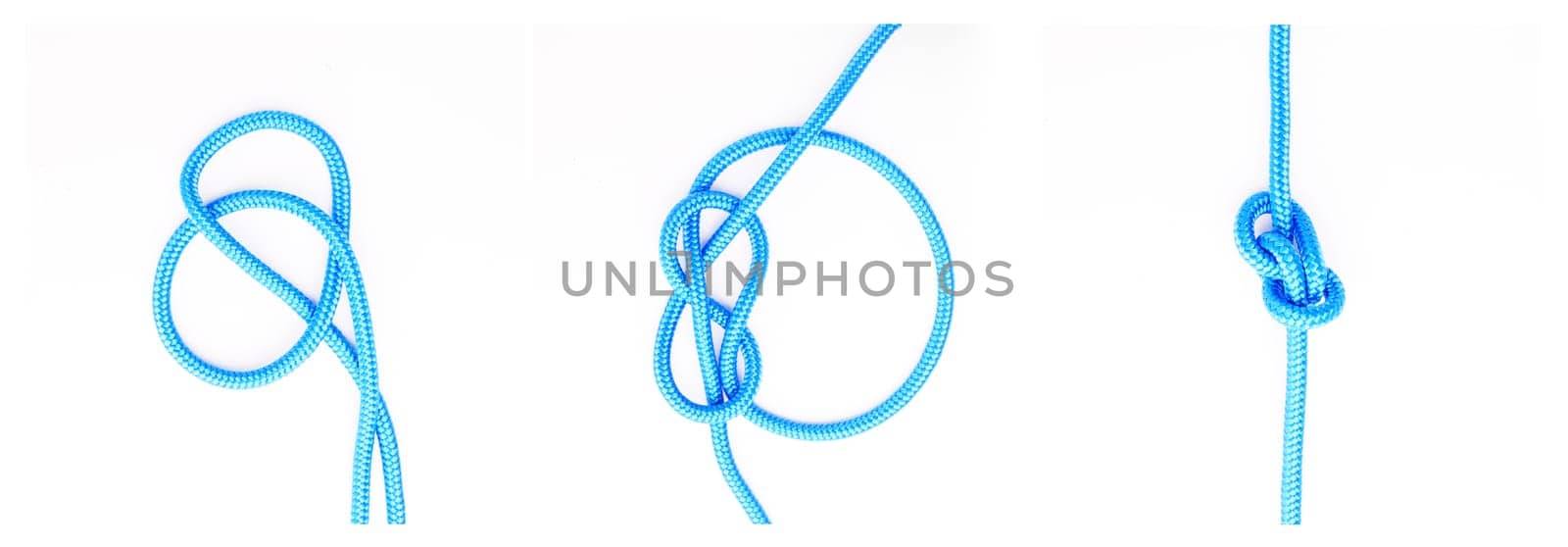 Guide, steps or how to tie ropes on white background in studio for security or safety instruction. Material, knot and color design for cords technique, tools or learning for survival cable lesson.