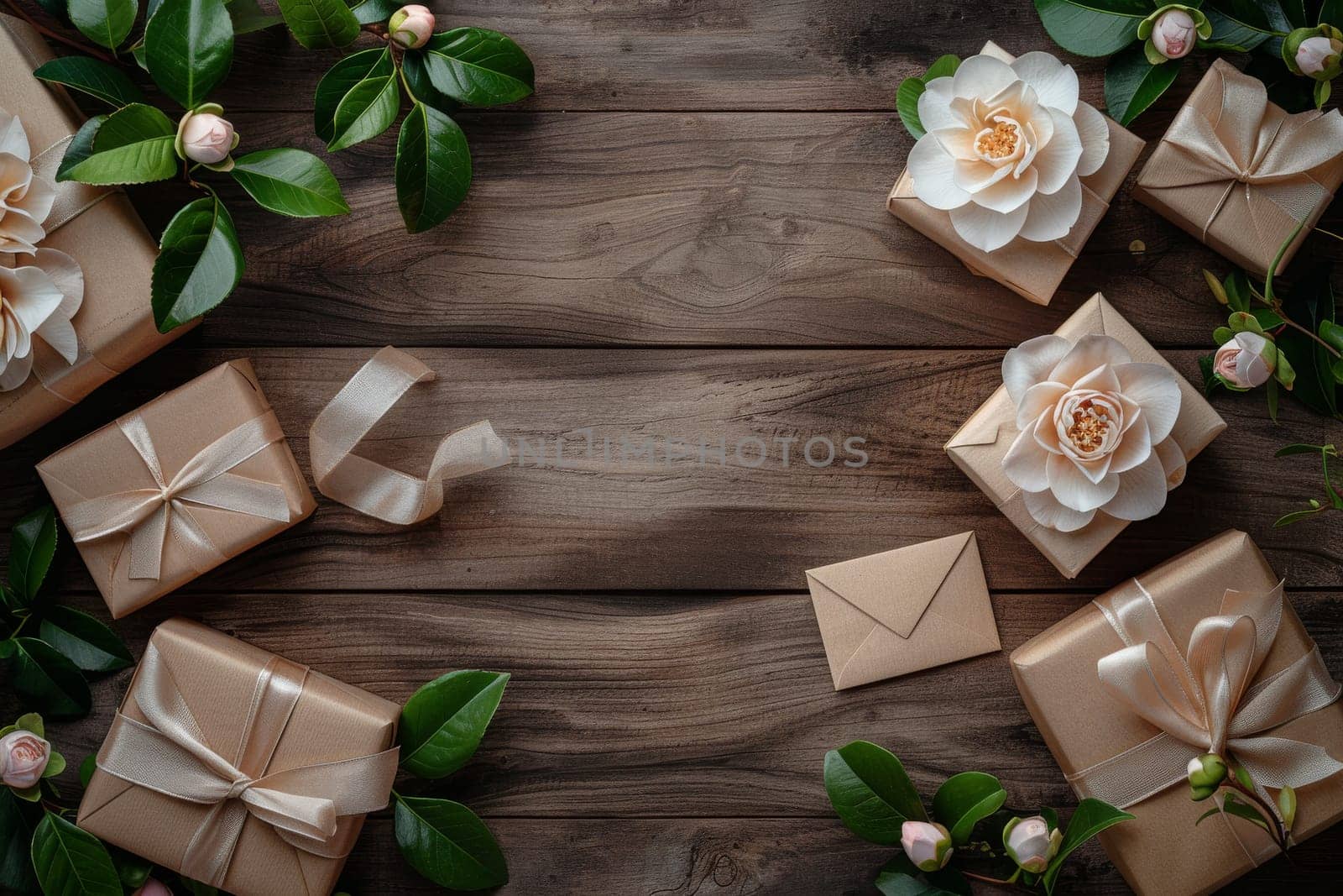 A wooden table with a bunch of brown boxes and flowers on it. The boxes are wrapped in brown paper and tied with string. The flowers are white and arranged in a way that they complement the boxes