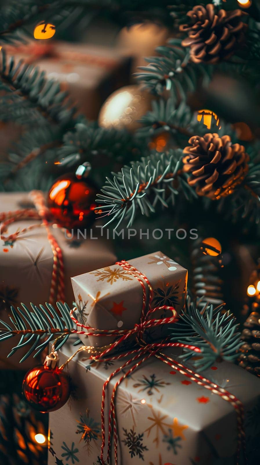 A close up of an evergreen shortstraw pine Christmas tree adorned with holiday ornaments and gifts underneath, showcasing the beauty of this terrestrial plant as a festive decoration