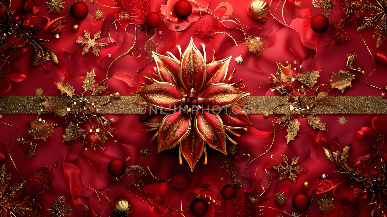 An elegant red and gold Christmas background adorned with a stunning poinsettia flower, a symbol of the holiday season. The perfect blend of art and nature for any festive event