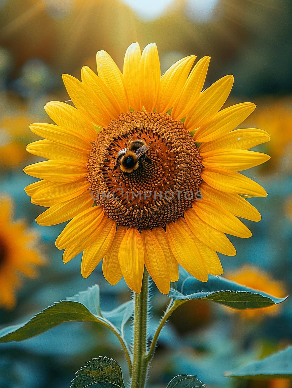 Close-up of a bee on a sunflower, representing nature, pollination, and summer themes.