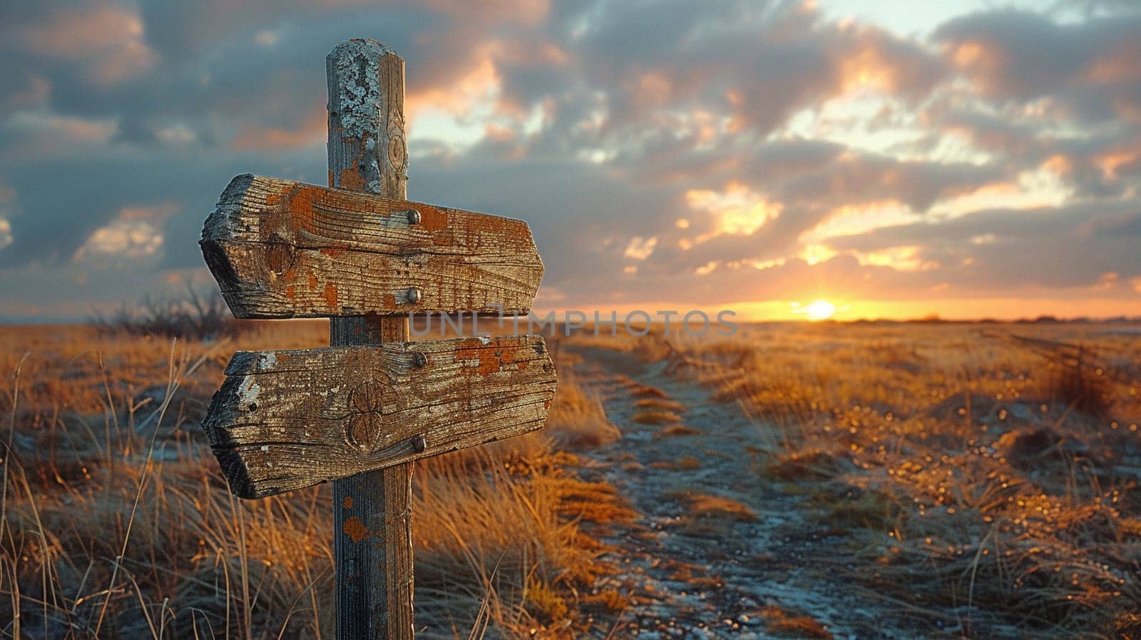 A weathered wooden signpost in a rural setting pointing in multiple directions by Benzoix