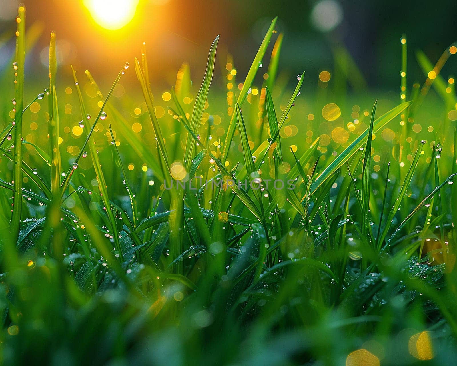 Close-up of dewy grass sparkling in the morning sun by Benzoix