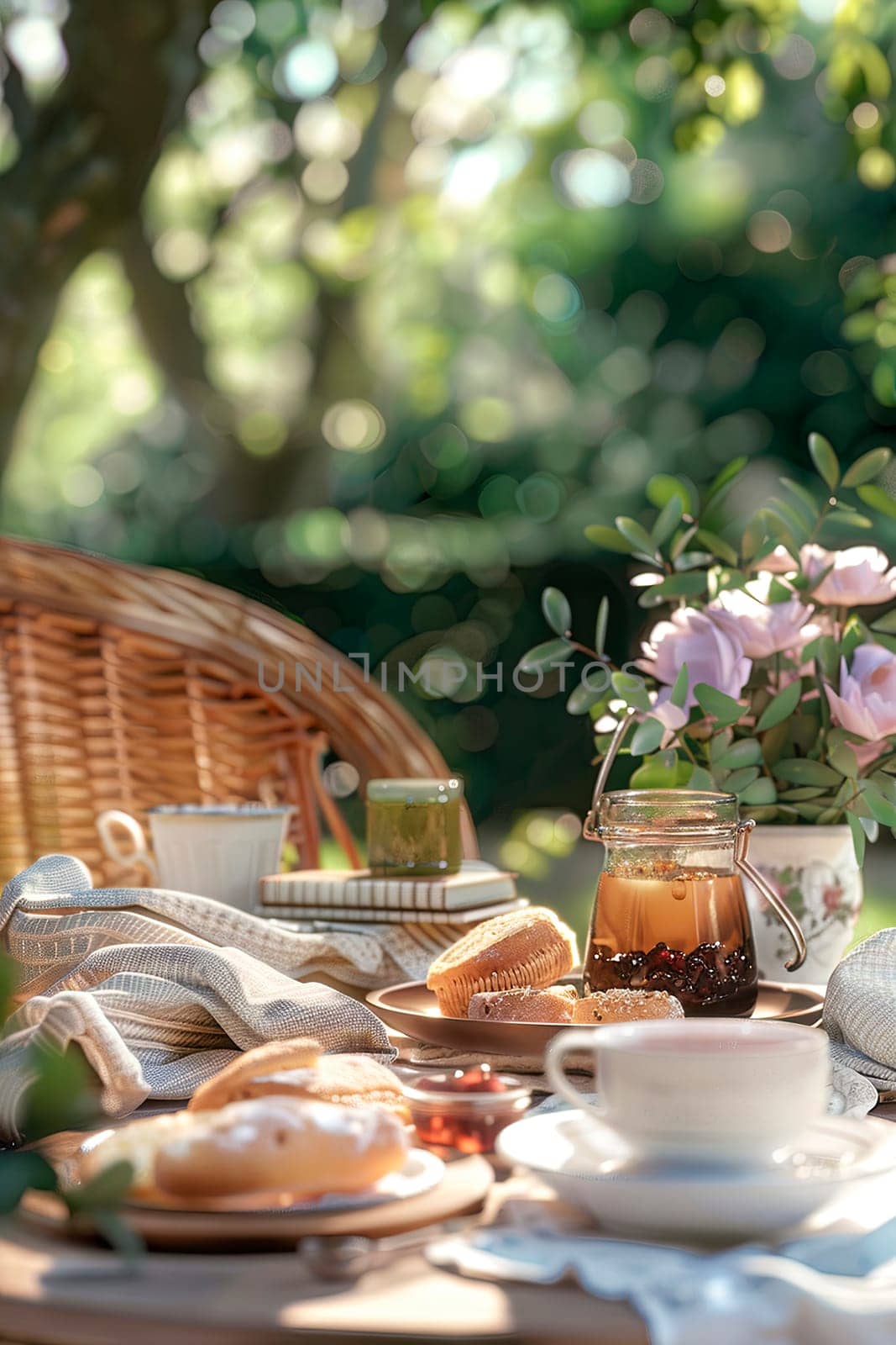 breakfast on the table in the garden. selective focus. food.