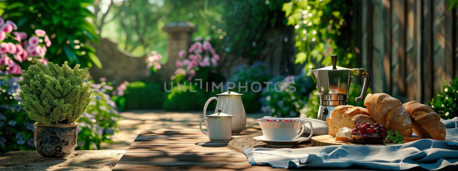 breakfast on the table in the garden. selective focus. by yanadjana