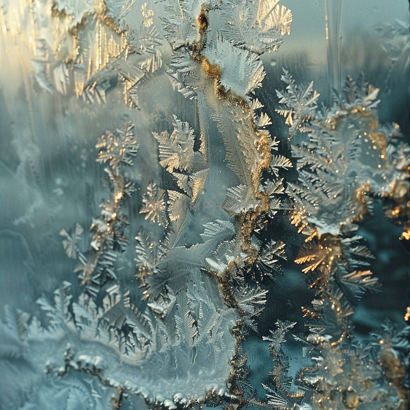 Close-up of intricate ice patterns on a window, illustrating winter's artistry.