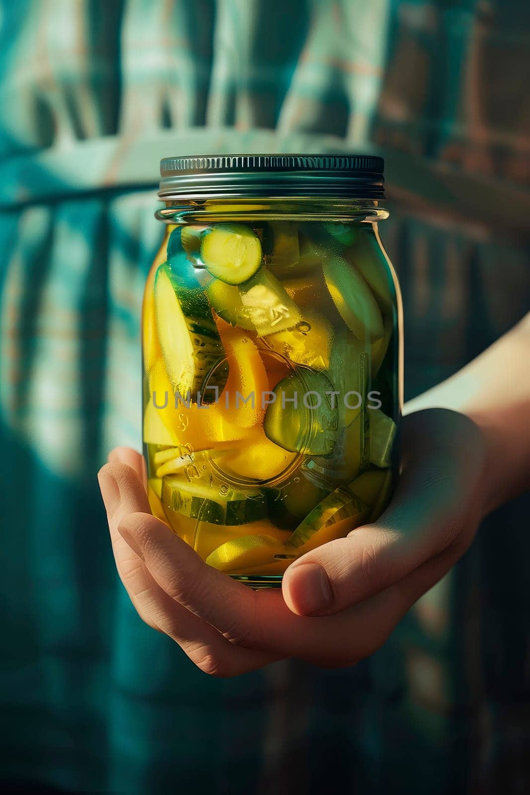 a can of canned vegetables in hands. selective focus. by yanadjana