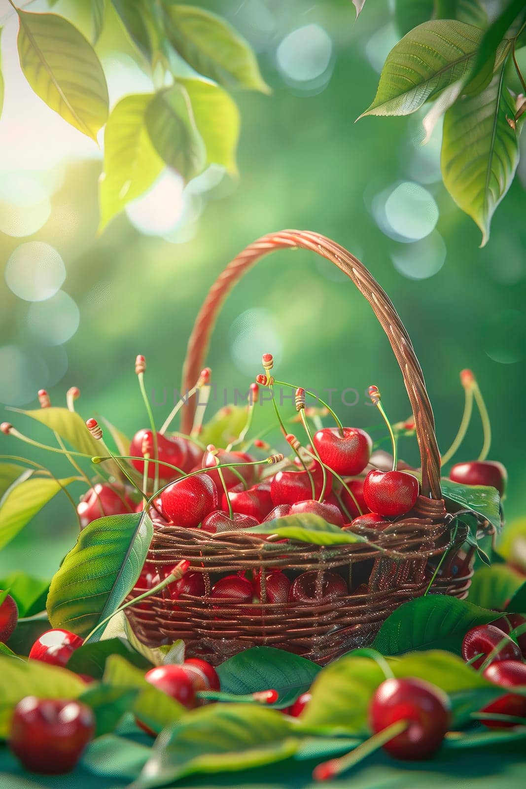 cherry in a basket in the garden. selective focus. by yanadjana