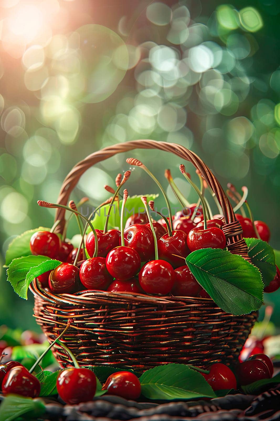 cherry in a basket in the garden. selective focus. by yanadjana