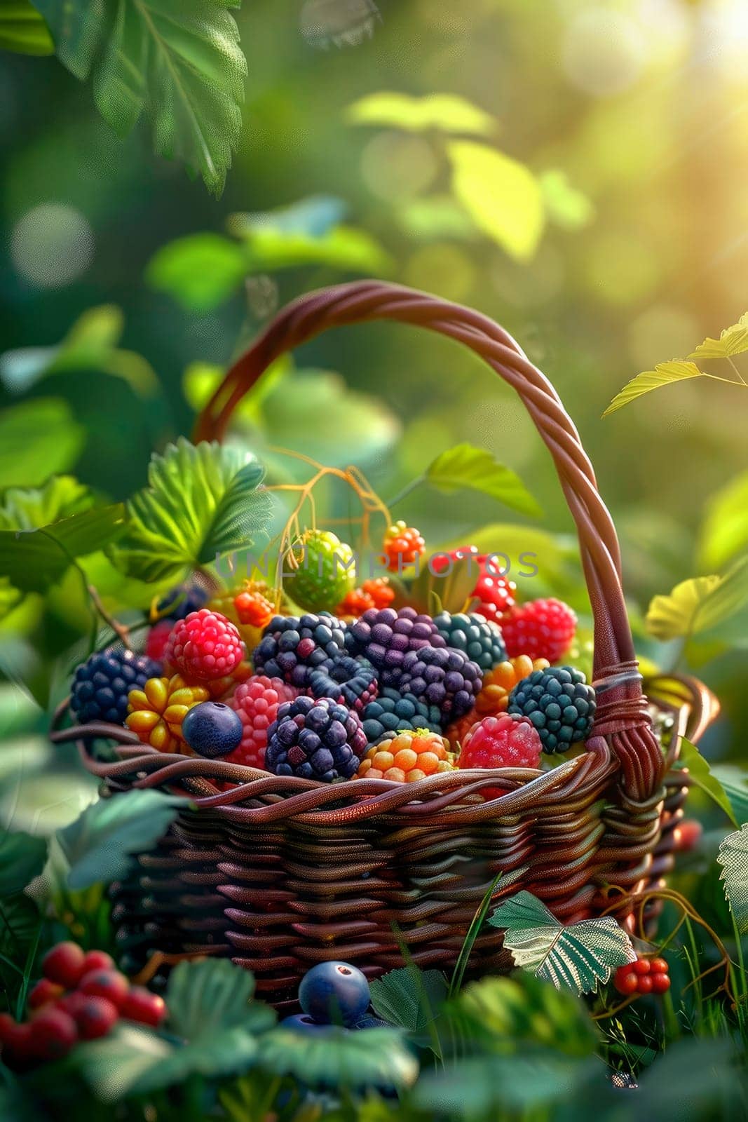 different berries in a basket in the garden. selective focus. by yanadjana