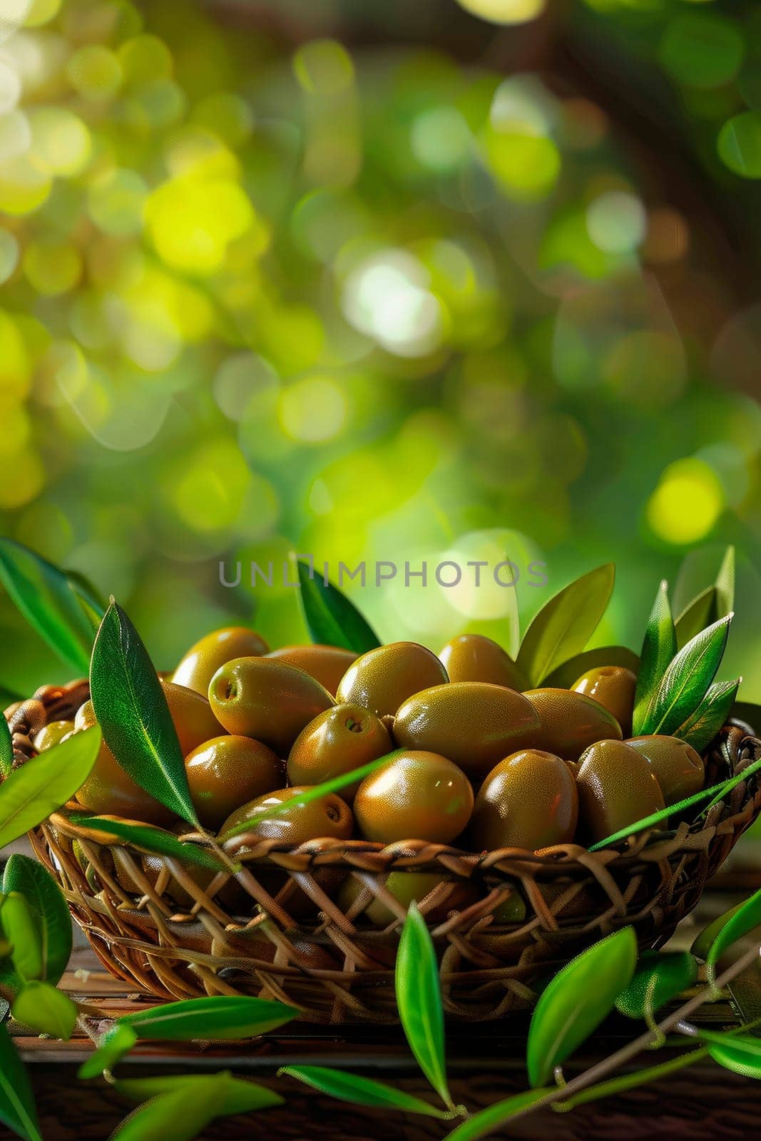 olives in a basket in the garden. selective focus. food.