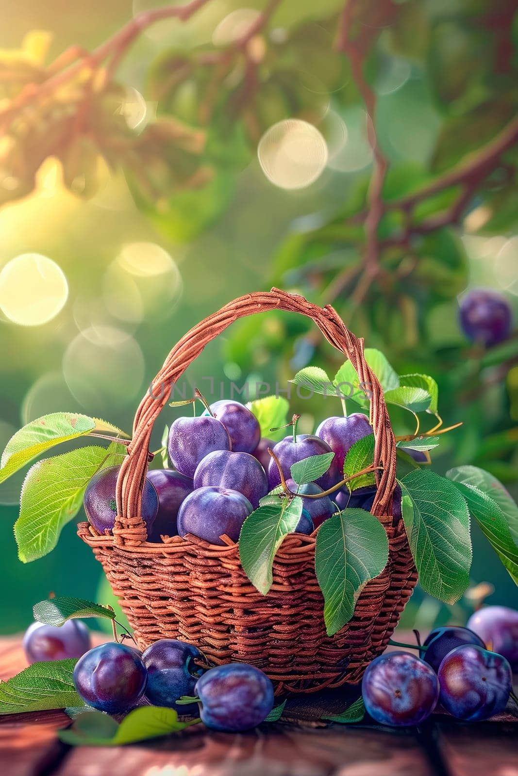 plum in a basket in the garden. selective focus. food.