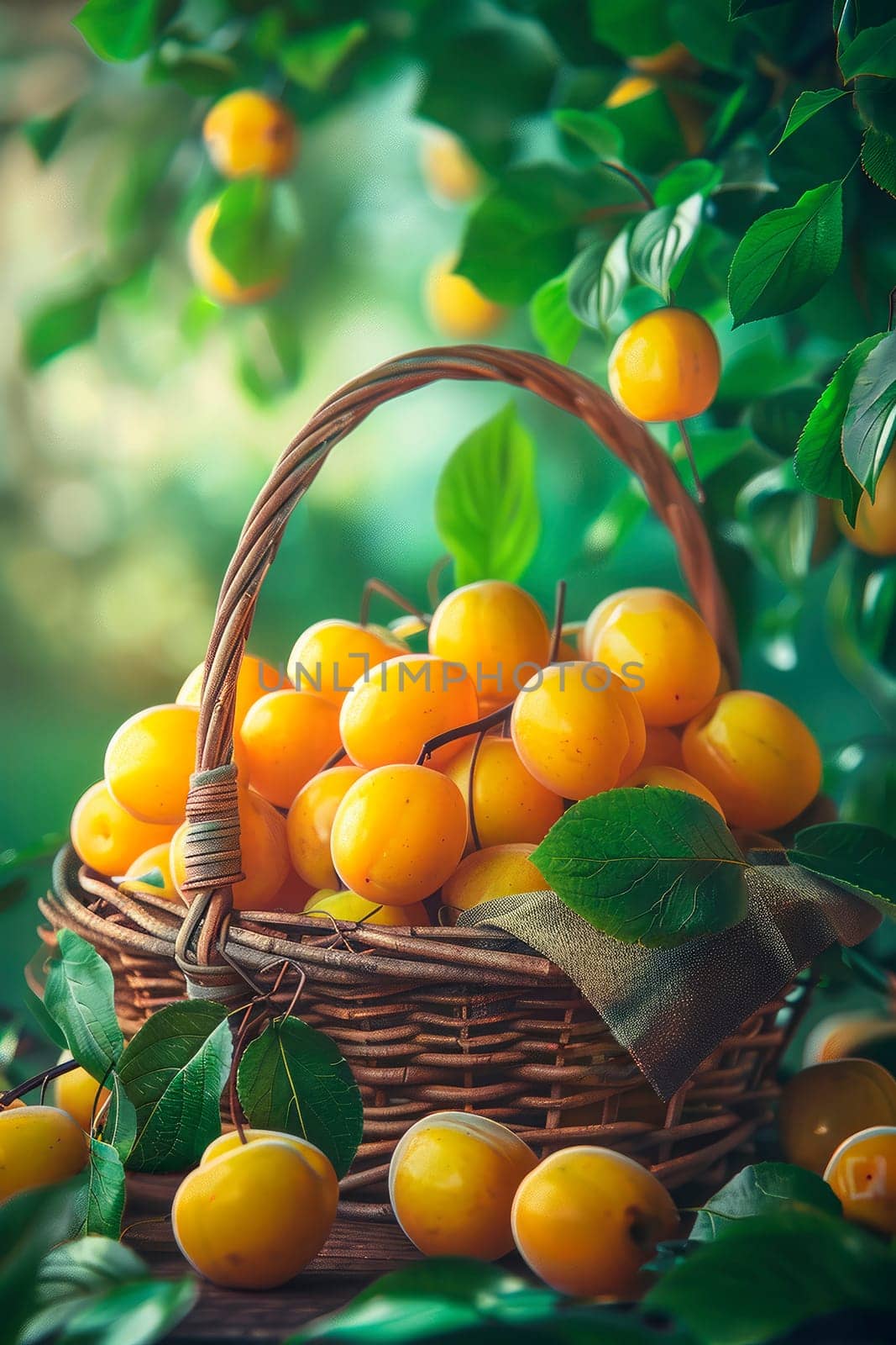 yellow plum in a basket in the garden. selective focus. by yanadjana