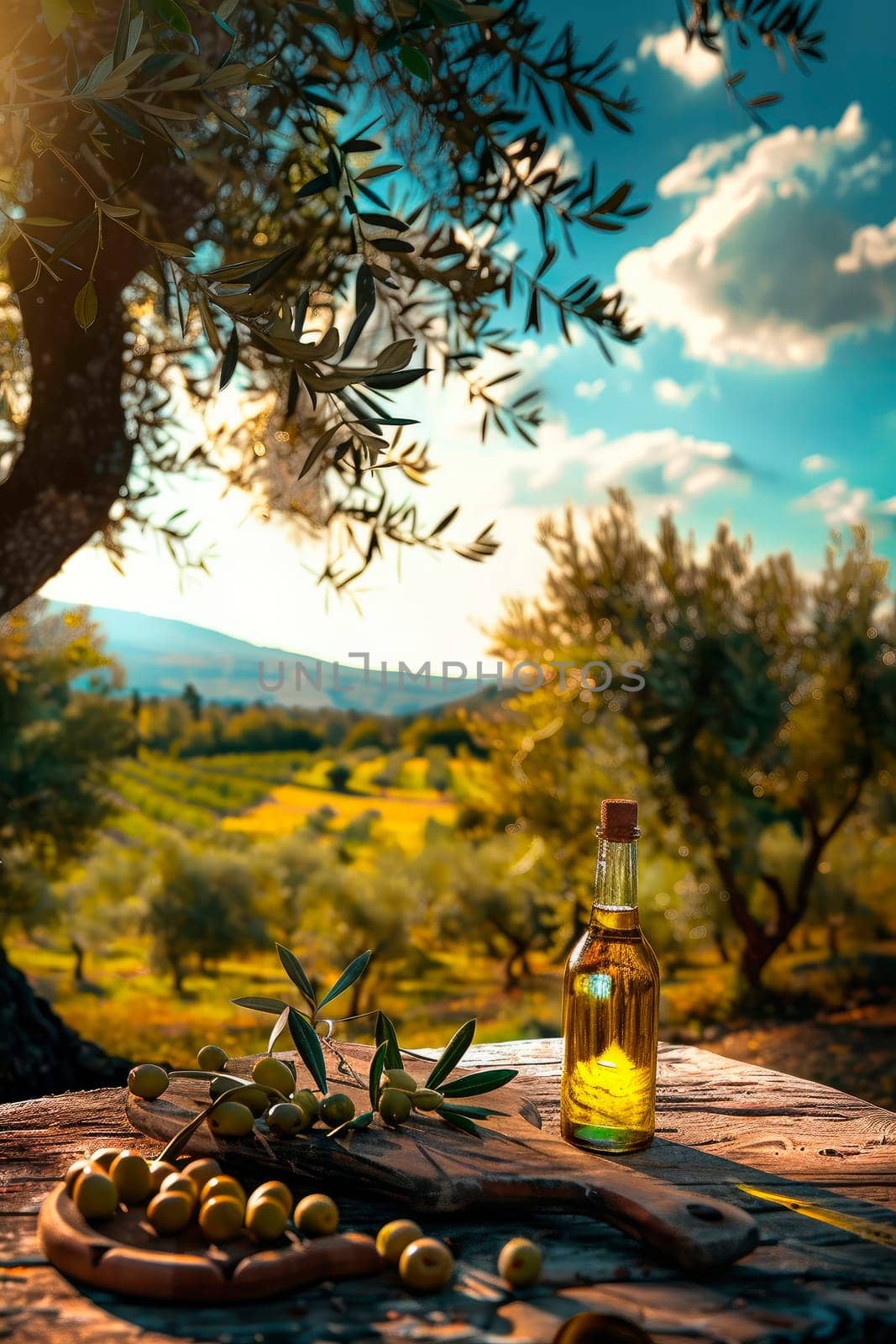 bottle of olive oil in the garden. selective focus. by yanadjana