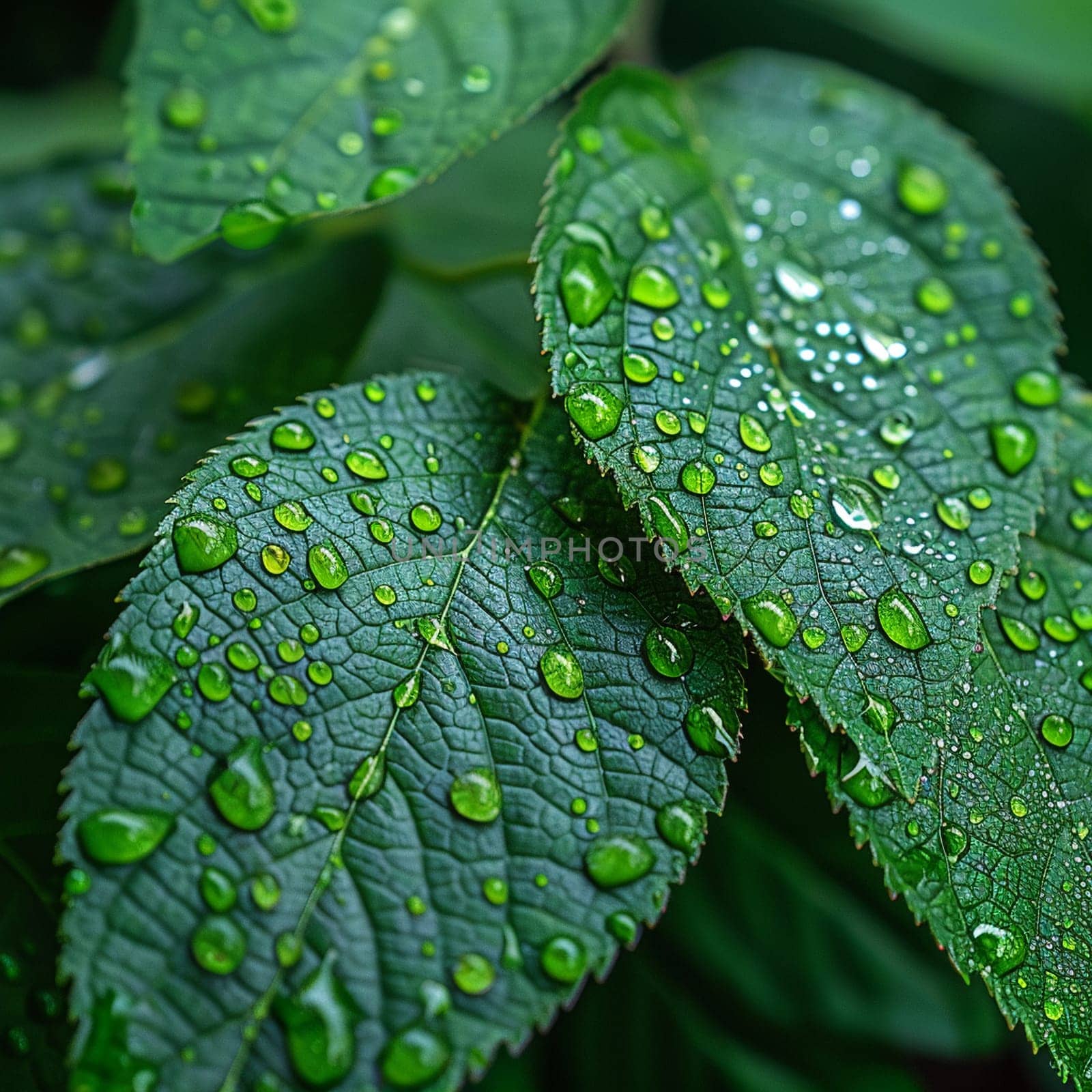 Close-up of raindrops on a vibrant green leaf, illustrating life and refreshment.