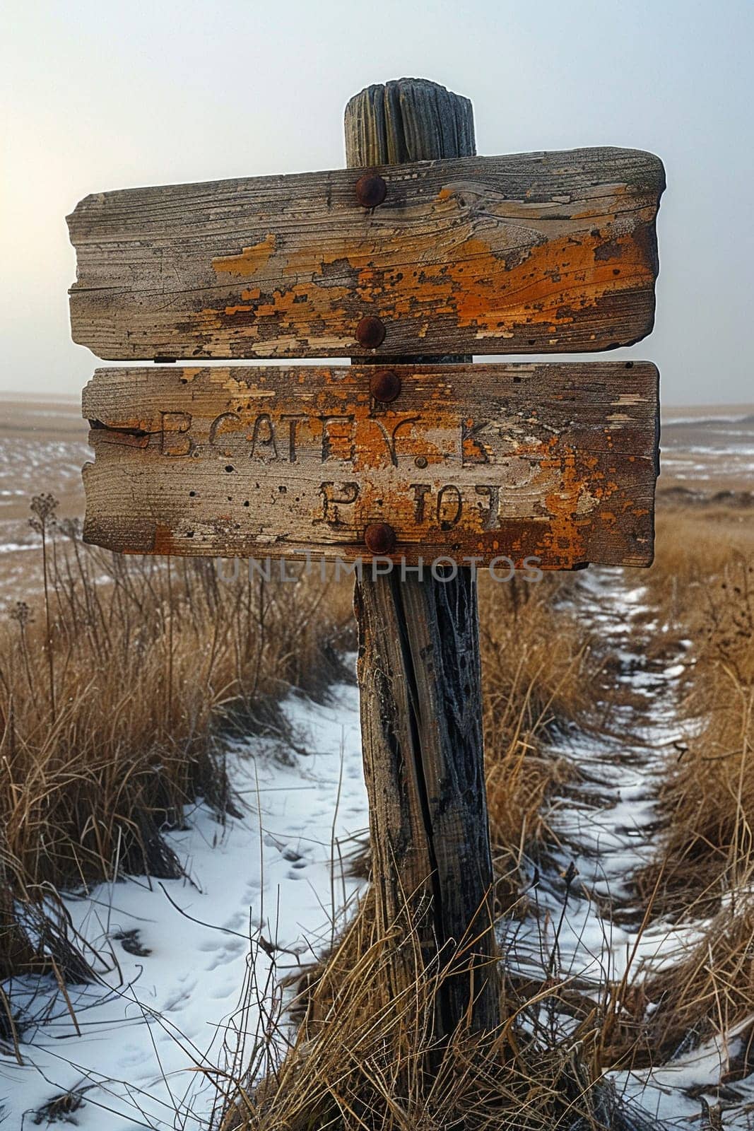 A weathered wooden signpost in a rural setting pointing in multiple directions by Benzoix