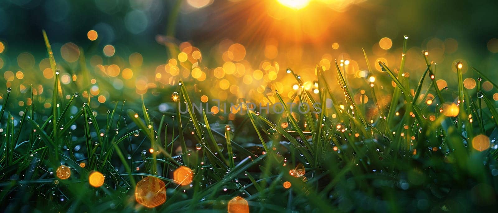 Close-up of dewy grass sparkling in the morning sun, highlighting the beauty of the ordinary.