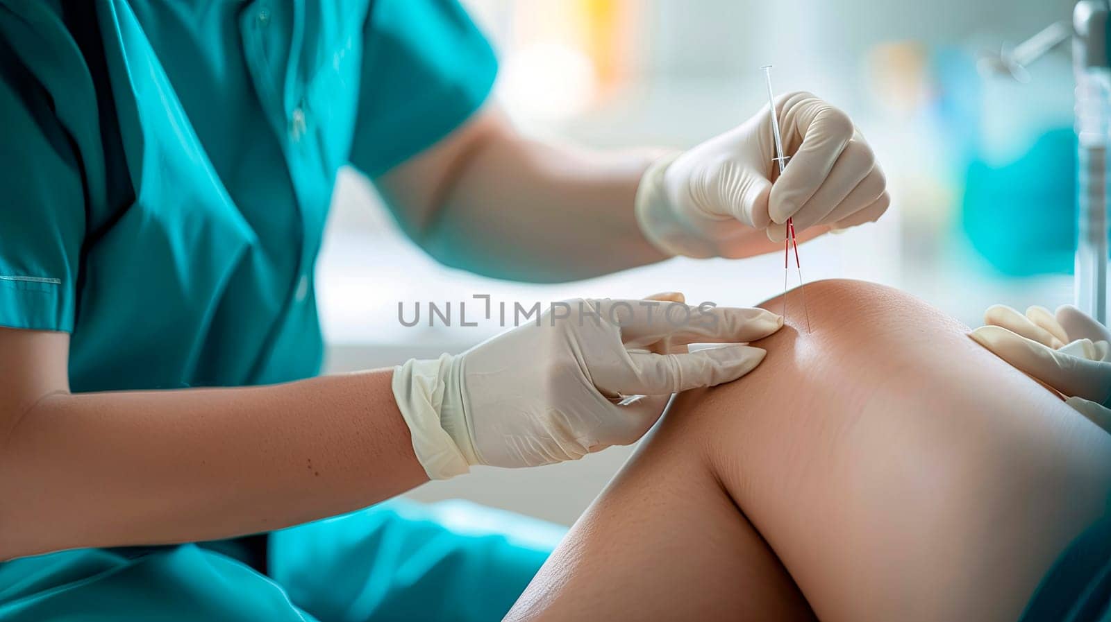 doctor's hands knee acupuncture procedure. selective focus. medical.