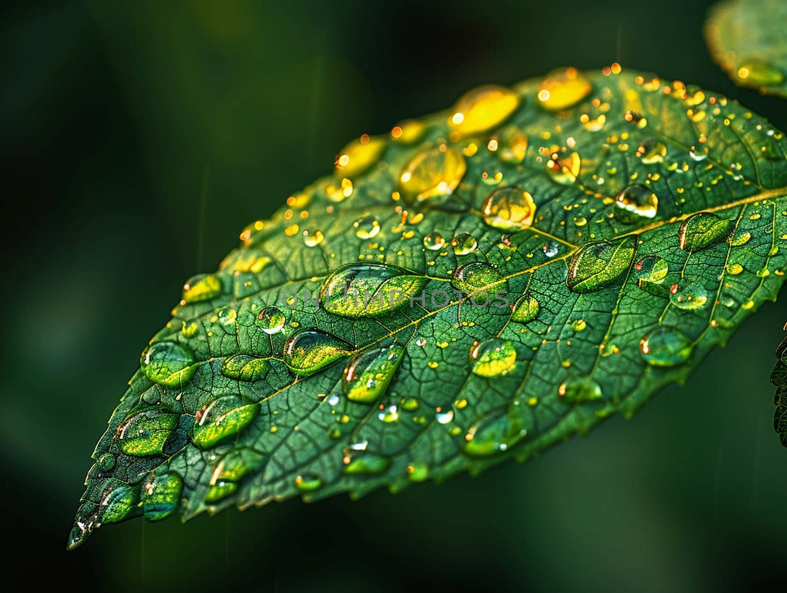 Close-up of raindrops on a vibrant green leaf by Benzoix