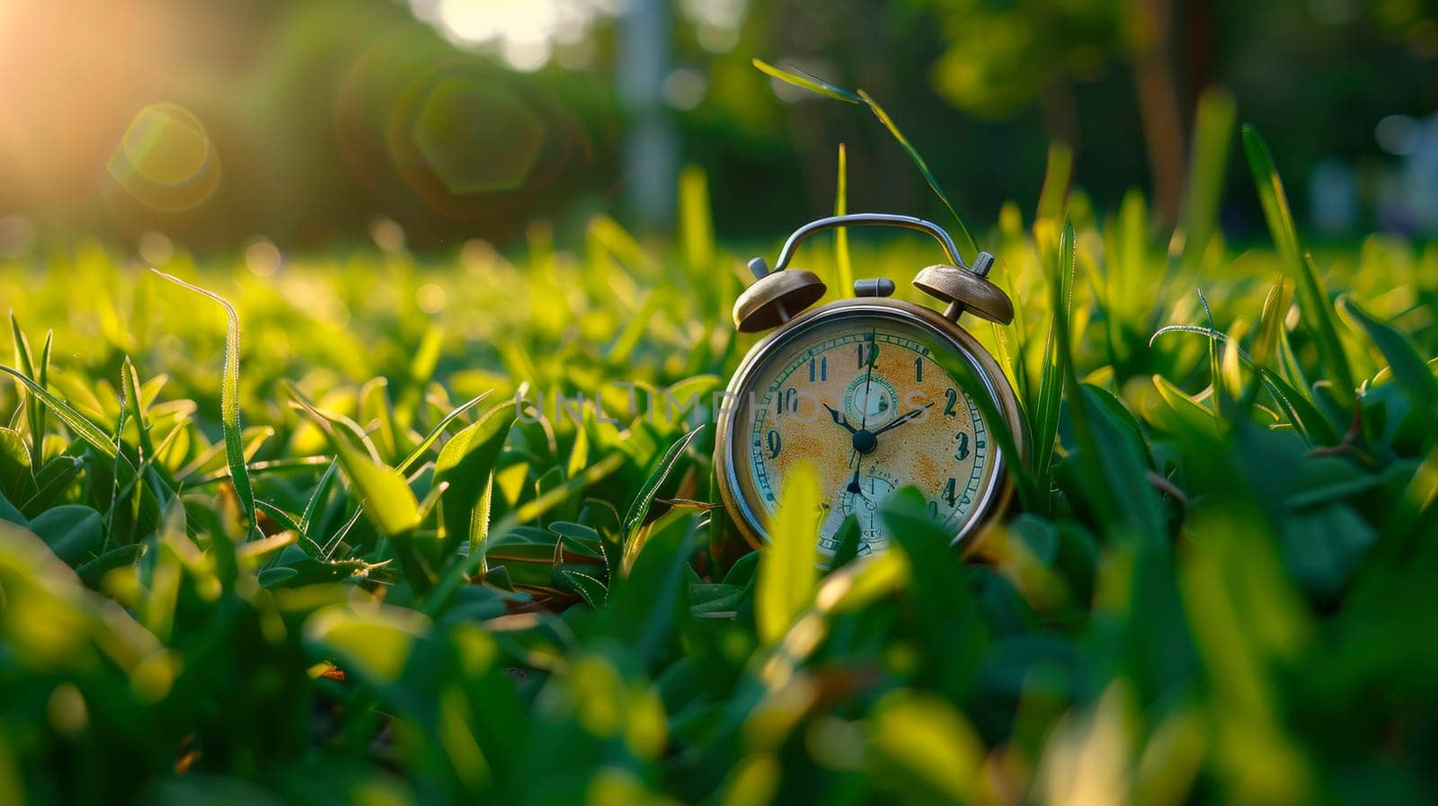alarm clock on the grass in the park. selective focus. by yanadjana