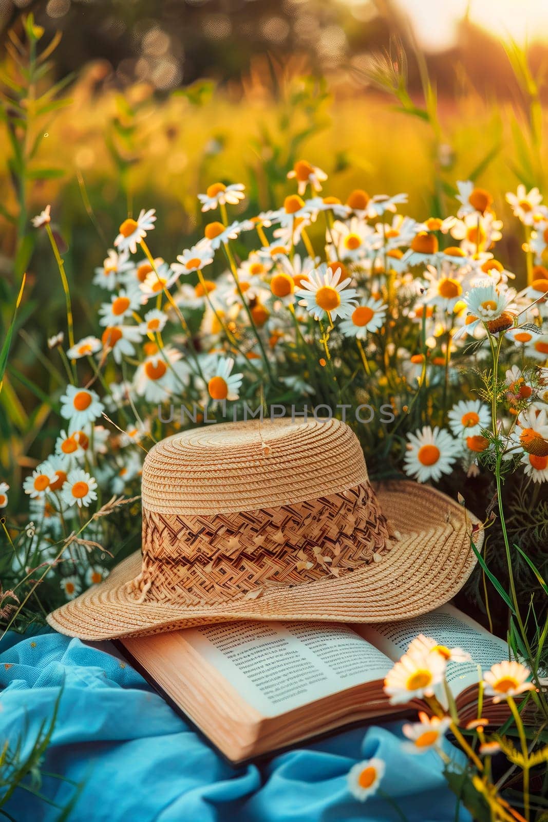 hat and book on a chamomile field. selective focus. nature.