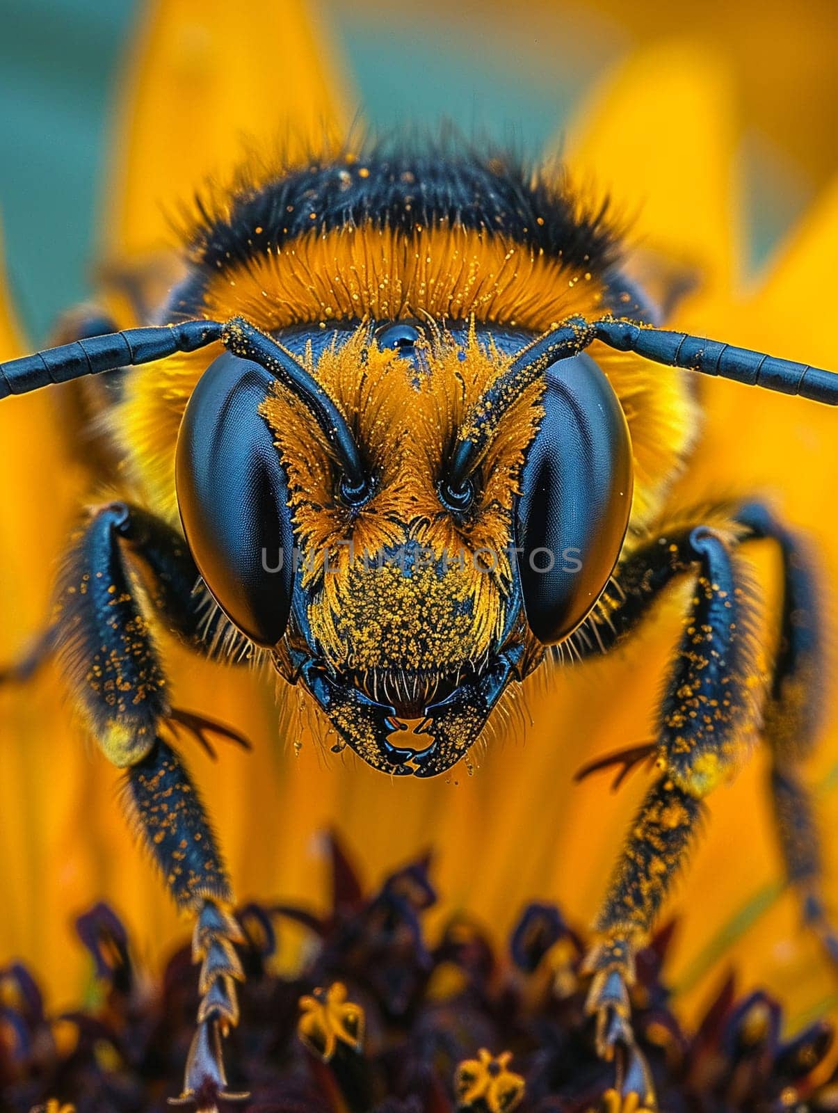 Close-up of a bee on a sunflower representing nature by Benzoix