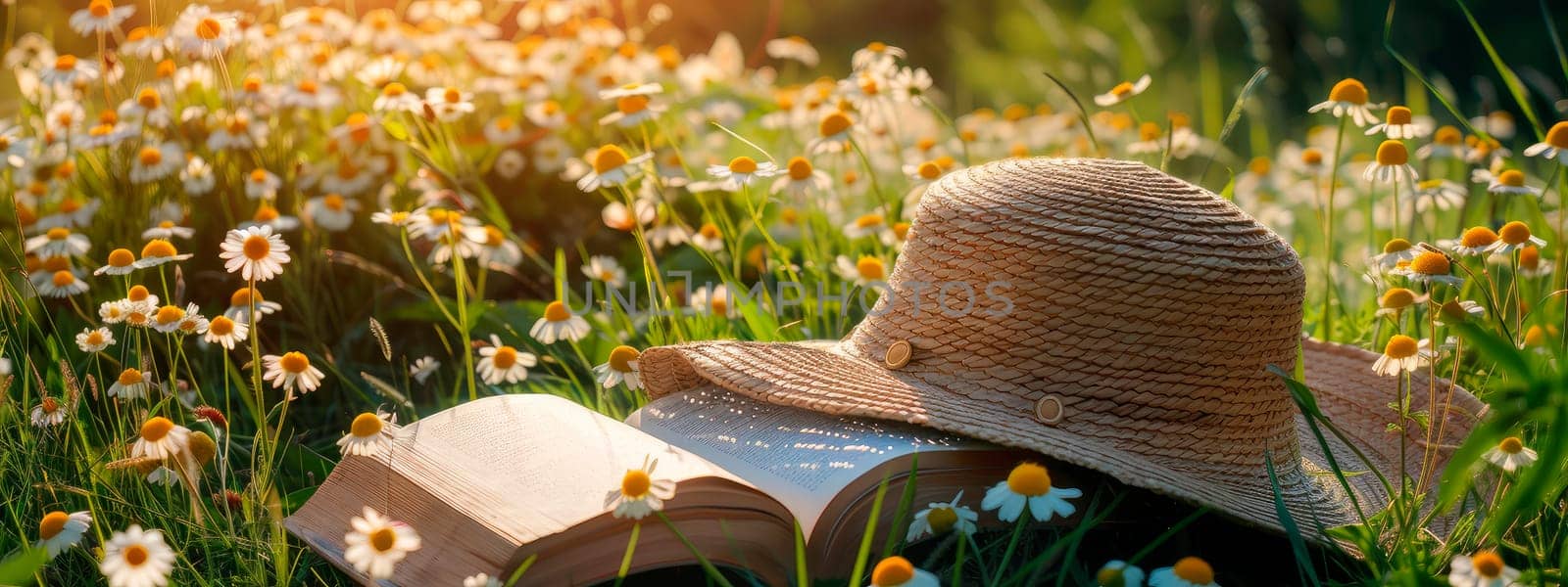 hat and book on a chamomile field. selective focus. by yanadjana