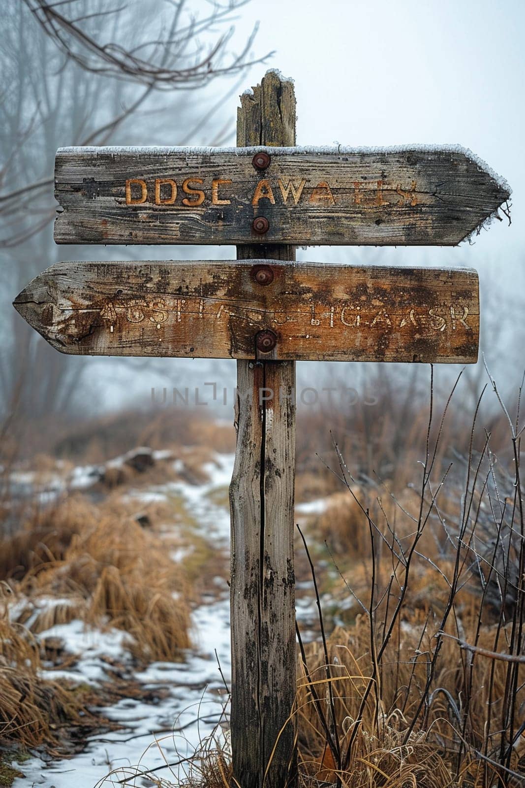 A weathered wooden signpost in a rural setting, pointing in multiple directions, evoking choice and adventure.