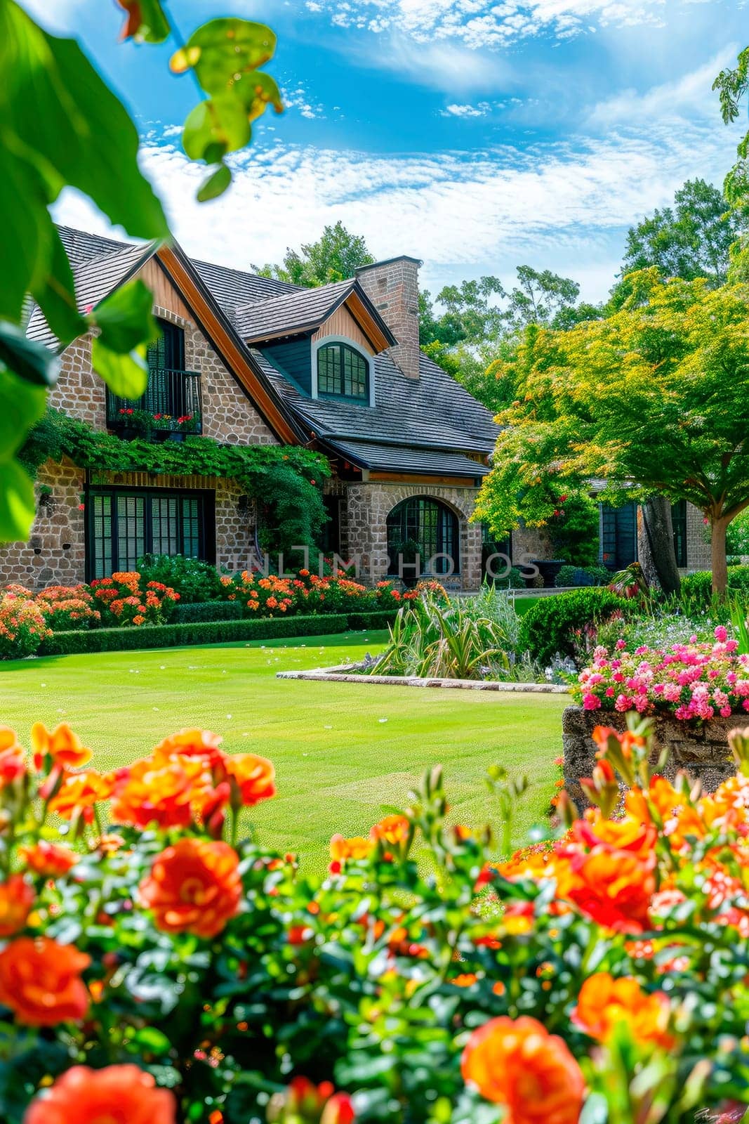 country house with a beautiful lawn. selective focus. by yanadjana