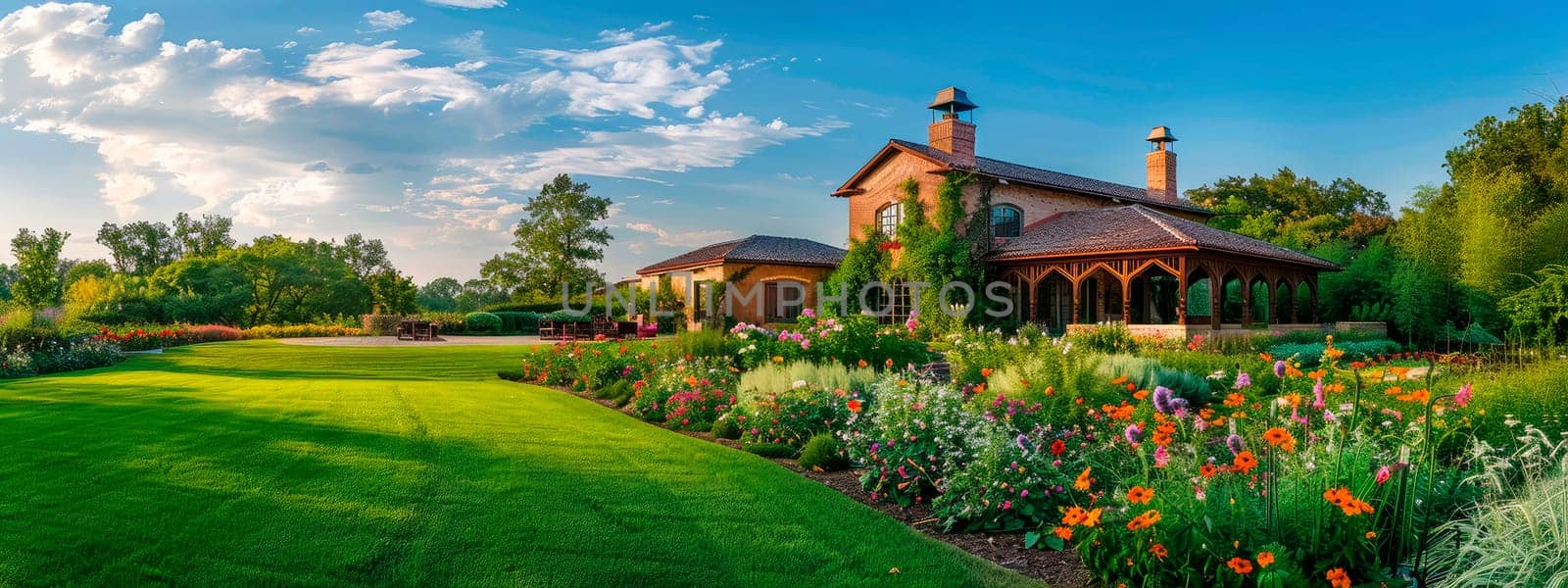 country house with a beautiful lawn. selective focus. by yanadjana