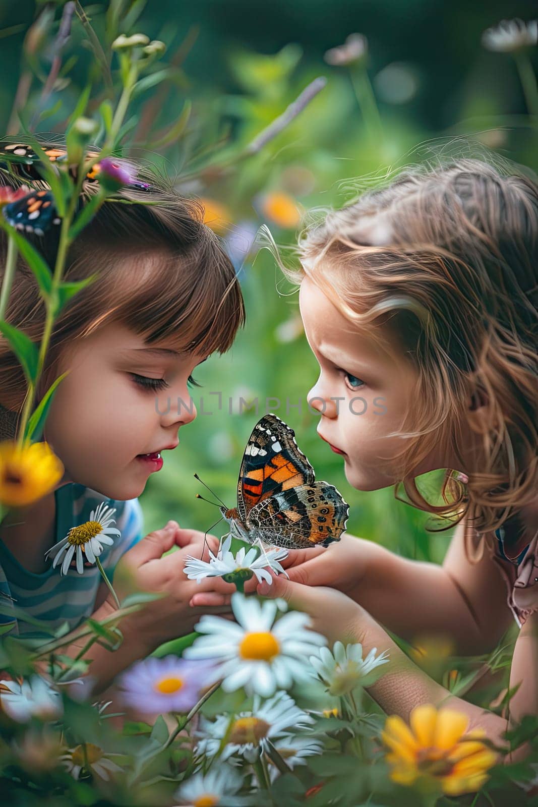 Children look at a butterfly in the garden. Selective focus. by yanadjana