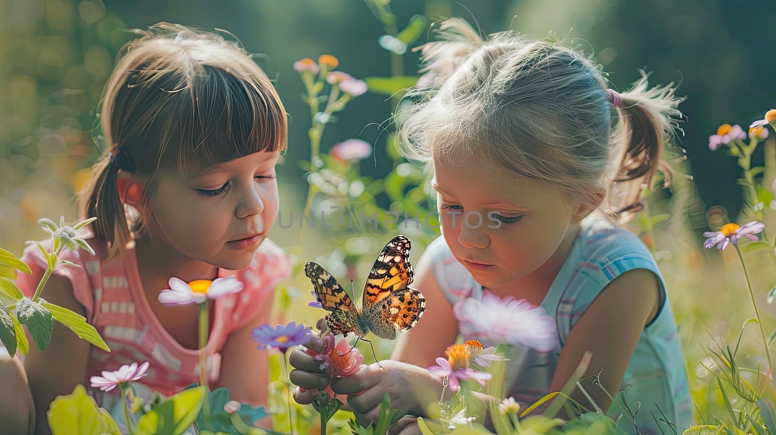 Children look at a butterfly in the garden. Selective focus. Kid.