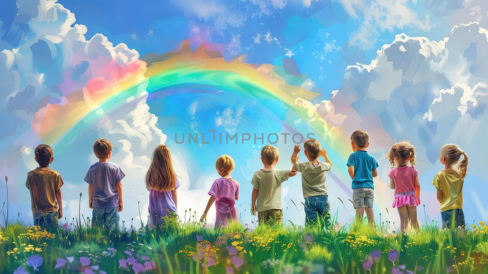 Children look at the rainbow sky. Selective focus. Kid.