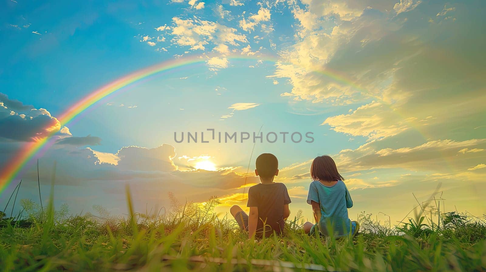 Children look at the rainbow sky. Selective focus. Kid.