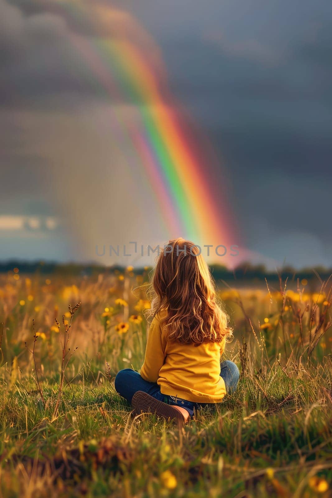 Children look at the rainbow sky. Selective focus. by yanadjana