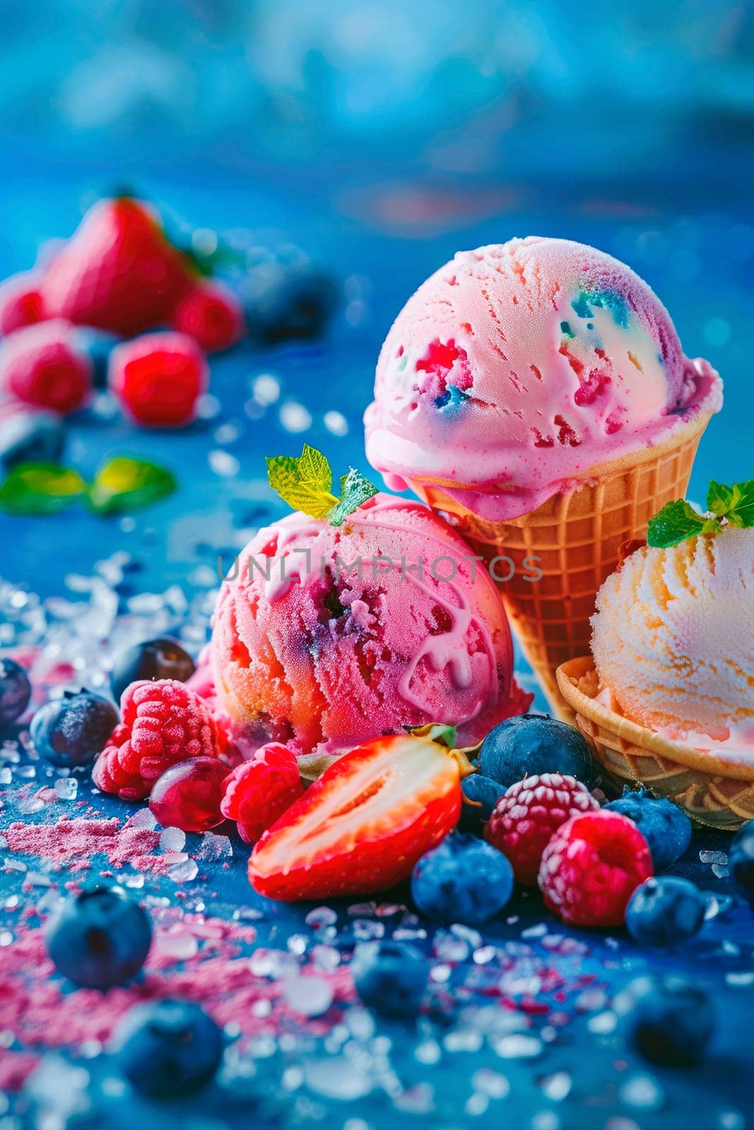 ice cream balls berries and fruits. selective focus. by yanadjana