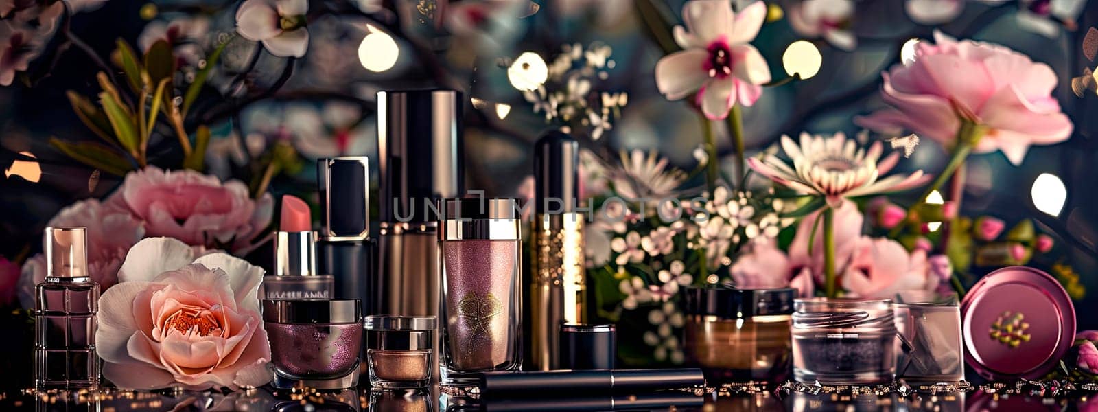 various cosmetics and flowers on the table. selective focus. spa.