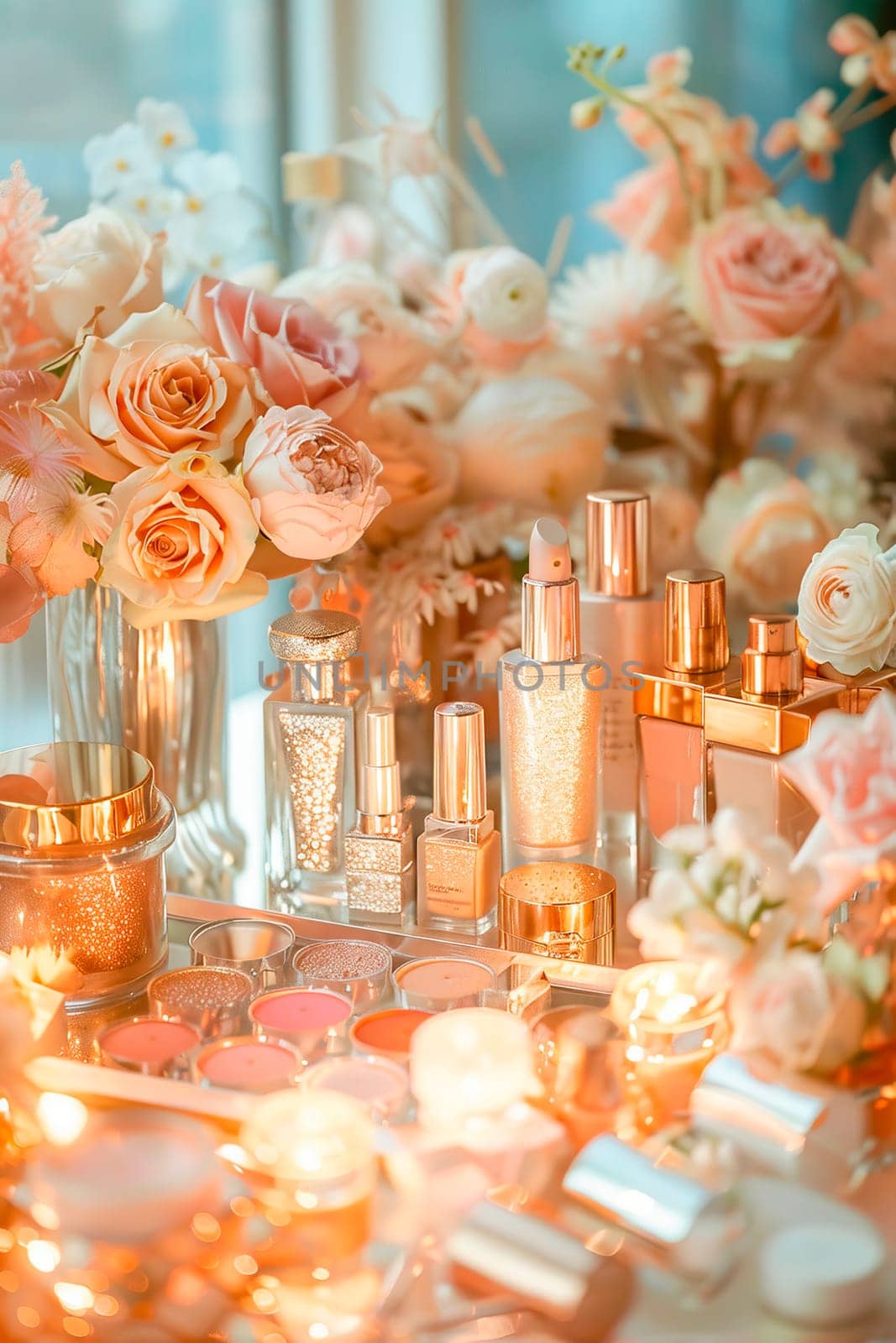 various cosmetics and flowers on the table. selective focus. by yanadjana
