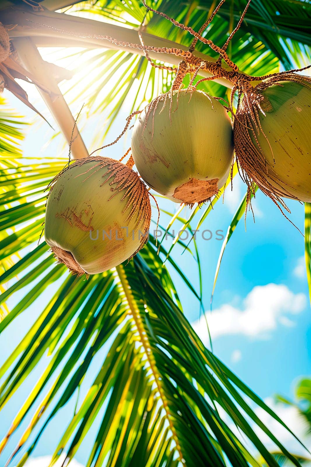 coconut on a background of palm trees and sky. selective focus. by yanadjana