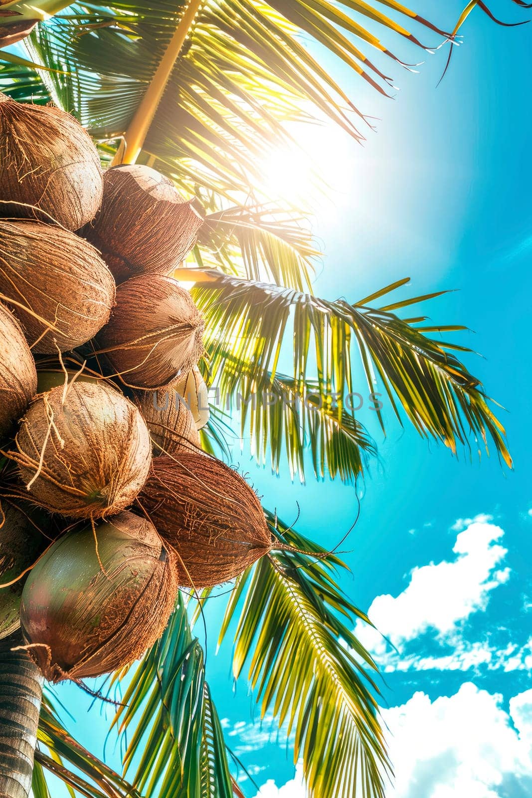coconut on a background of palm trees and sky. selective focus. nature.