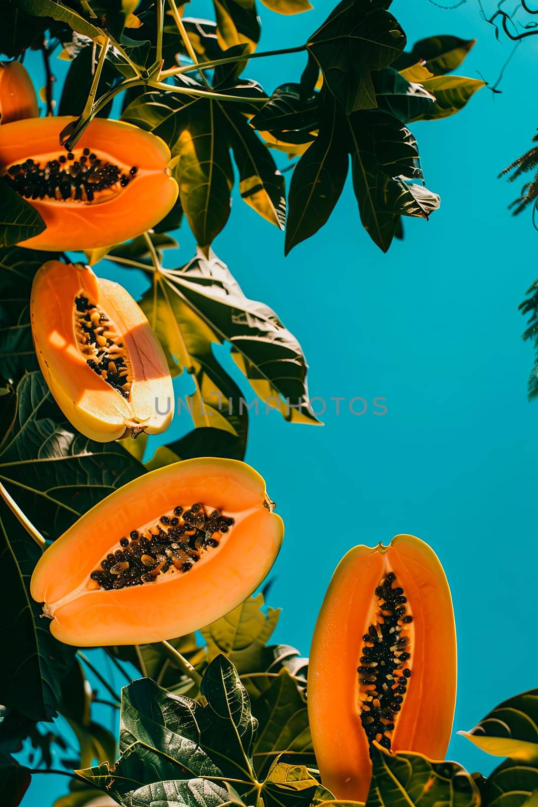 papaya on a background of palm trees and sky. selective focus. by yanadjana