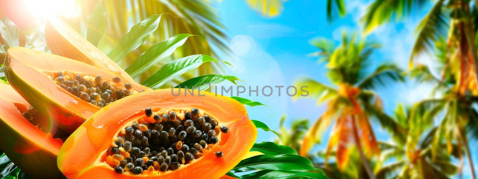 papaya on a background of palm trees and sky. selective focus. by yanadjana