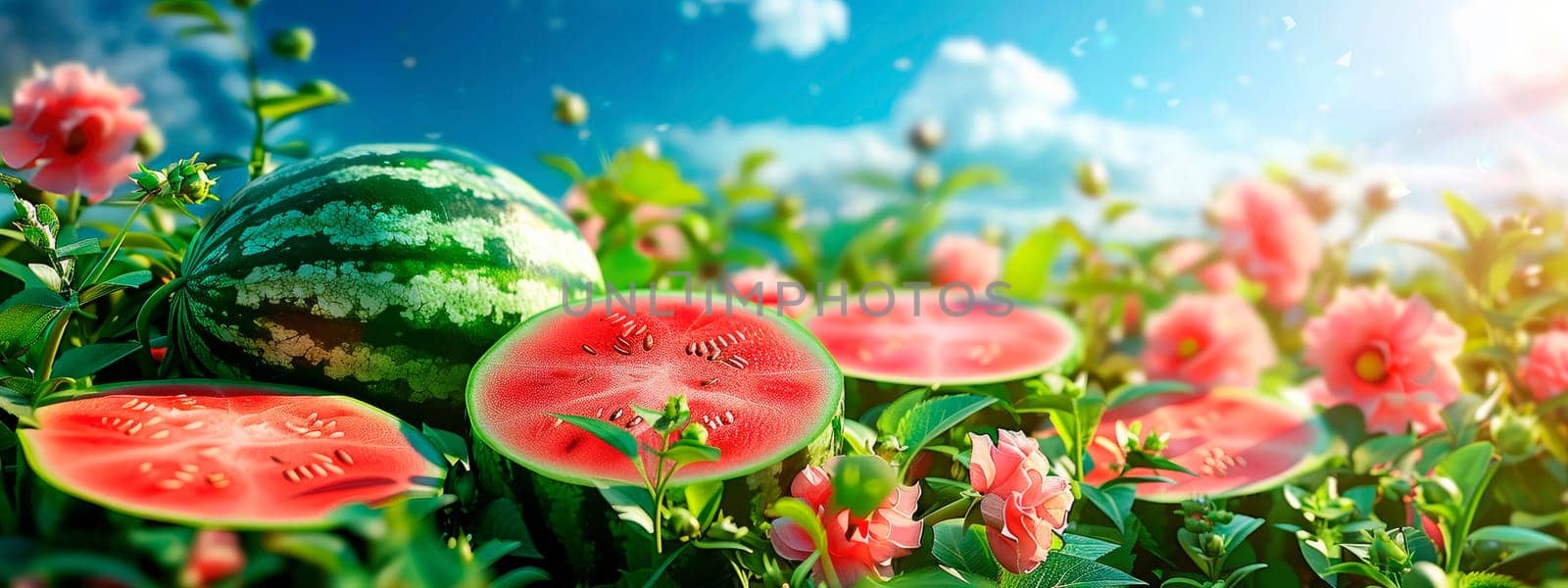 watermelon on a background of palm trees and sky. selective focus. by yanadjana